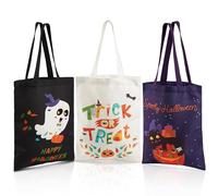 JOYIN 3PCS Large Halloween Tote Treat Bag for Trick or Treat, Halloween Goodie Candy Bag, Reusable Black White Canvas Gift Bag for Kid Party Favor Supply, Purple Snack Grocery Tote with Handle