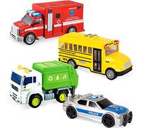 JOYIN 4 PC 7" Long Friction Powered City Play Vehicle Toy Set Including Police Car, School Bus, Garbage Truck, Ambulance, Vehicle Toy with Lights and Sound Siren