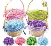 JOYIN 4 Pcs Easter Gift Woven Basket with Handles and 4 Colors Grass Paper Shreds for Easter Egg Hunt, Kids Party Supplies