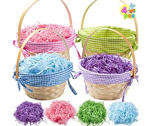 JOYIN 4 Pcs Easter Gift Woven Basket with Handles and 4 Colors Grass Paper Shreds for Easter Egg Hunt, Kids Party Supplies