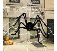 JOYIN 400 sqft Halloween Spider Web and 59'' Giant Spider, Large Triangular Huge Web for Outdoor Decoration, Stretchy Spiderweb for Patio, Garden, Yard, Haunted House Décor, Indoor Home Party Supplies