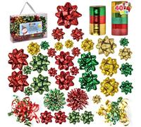 JOYIN 47 Pcs Christmas Assorted Gift Bows with 34 Multi-Colored Assorted Size Self Adhesive Gift Bows, 2 Curly Bows, 2 Tinsel Bows and 9 Curling Ribbons for Gift Wrapping, Christmas Wrapping Ribbon