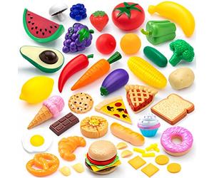 JOYIN 50 Pcs Play Kitchen Food Set Toys for 3 4 5+ Years Olds Girls Boys, Play Kitchen Accessories with Plastic Fruits Vegetables, Fake Food for Toddlers, Bithday Gift for Kids Boys Girls