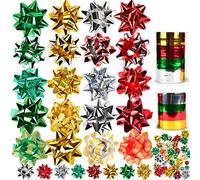JOYIN 54 PCS Gift Bows and Ribbons - 46 Multi-Colored Assorted Size Self Adhesive Bows and 8 Rolls of Curling Ribbons for Present Wrapping Decoration
