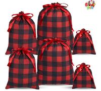 JOYIN 6 PCS Christmas Fabric Gift Bags with Drawstring, Buffalo Plaid Santa Sack Includes Assorted Sizes for Xmas Party Festival Gift Wrapping, Presents Decorations, Reusable Party Favor Goodie Bag