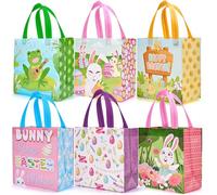 JOYIN 6 Pcs Easter Non-woven Tote Bags with Handle, Happy Egg Hunt Bunny Frog Chick & Egg Gift Treat Bags for Gifts Wrapping, Kids Party Supplies Hunt Game easter basket