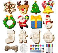 JOYIN 60 Pcs Christmas Wooden Hanging Ornaments Craft Kits, Unfinished Blank Wood Ornaments to Paint for Kids, Christmas Arts & Crafts Bulk, DIY Decorations Coloring Making Set for School Activities