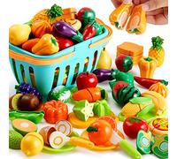 JOYIN 71 Pcs Cutting Play Food Toy Set for Kids Kitchen,Plastic Fruit & Vegetables with Storage Basket,Mini Dishes & Knife,Educational Pretend Play Toys,Toddler Gift