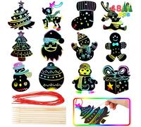 JOYIN 72 PCS Rainbow Color Scratch Ornaments, Craft Kit Toys Include Snowman, Christmas Tree, Reindeer Scratch Off Cards Hanging Ornament for Kids Christmas Party Favor