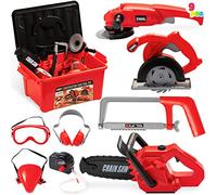 JOYIN 8 Pieces Construction Tool Toy Playset Power Backyard Constructions Tool Kit Pretend Playset Including Realistic Toy Chainsaw in Convenient Storage Box,Red,Medium