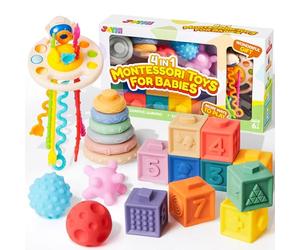 JOYIN Baby Sensory Toys 10-36 Months, Montessori Teething Toys, Stacking Blocks, Stacking Circles Teether, 3D Stress Balls & Pull String, Learning Gifts for Baby Girls Boys
