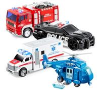 JOYIN City Hero Emergency Vehicles Toy Cars Playsets with Lights and Sounds | 4 Pack Ambulance Toy/Police Car Toy/Fire Truck Toy/Helicopter Toy, Pull Back Rescue Car Toys for 3 4 5 Year Old Boy Gifts