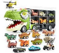 JOYIN Dinosaur Truck Toys for Kids Age 3-8, 12 Pull Back Car Vehicles, Transport Truck With Music, Roaring Sound, Flashing Lights, 1 Helicopter