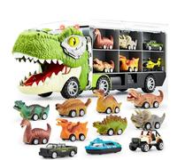 JOYIN Dinosaur Truck Toys for Kids Age 3-8, 12 Pull Back Car Vehicles, Transport Truck With Music, Roaring Sound, Flashing Lights, 1 Helicopter