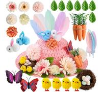 JOYIN Easter Bonnet Kit Pink Make Your Own Bonnet Hat Craft Set with Bunnies, Chicks, Carrots, Nest, Leaves, Flowers, Butterflies and Feathers for Hat Decor Kids Bonnet DIY