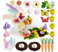 JOYIN Easter Bonnet Kit White Make Your Own Bonnet Hat Craft Set with Bunnies, Chicks, Carrots, Nest, Leaves, Flowers, Butterflies and Feathers Hat Decor Kids Easter Bonnet DIY