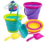 JOYIN Foldable Beach Bucket Set - 3 Packs Collapsible Toy Buckets with Shovels and Mesh Backpack for Kids Toddlers Party, Camping Gear, Travelling, Fishing Water Pail (Pink/Purple/Green)