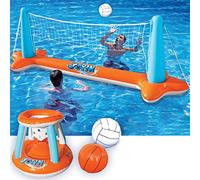 JOYIN Inflatable Pool Float Set Volleyball Net & Basketball Hoops, Floating Swimming Game Toy for Kids/Adults, Swimming Floaties, Volleyball Court (105"x28"x35")|Basketball hoop(27"x23"x27"),Orange