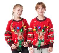 JOYIN Kids Christmas Jumpers LED Light Up Reindeer Ugly Xmas Jumper Xmas Sweater Built-in Light Bulbs for Girls Boys (Red M)