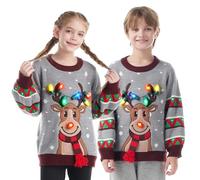 JOYIN Kid's LED Light Up Christmas Reindeer Ugly Xmas Sweater with Built-in Light Bulbs (Grey M)