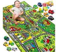 JOYIN Kids Toy Rug Gift Set-Community Playmat with Road Tracks & 12 Vehicles, Educational Carpet for Boys Girls Ages 3-7, City Imaginative Play, Durable Playroom Toy Mat for Kids, 148x80cm