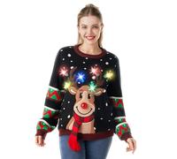 JOYIN LED Light Up Reindeer Ugly Womens Christmas Jumper Built-in Light Bulbs Black Xmas Sweater Top (XL)