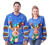 JOYIN LED Light Up Reindeer Ugly Womens Christmas Jumper Built-in Light Bulbs Blue Xmas Sweater Top (L)