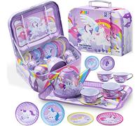 JOYIN Purple Unicorn Tea Set for Toddlers Tea Party Set for Children Kids Pretend Role Play Tin Teapot Set with Cups, Plates and Carrying Case Kitchen Toy for Little Girls Birthday Gifts Age 3 4 5 6