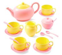 JOYIN Role Play Fun Tea Party Set - Food Accessories, BPA & Phthalates Free Plastic Tea Party Set for Toddler Boys & Girls, Ages 4-6 (Pink and Yellow)