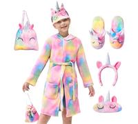 JOYIN Soft Unicorn Hooded Bathrobe, Unicorn Jumpsuits Gifts Including Blindfold, Cosmetic Pouch, Slippers and Headband for Girls and Kids (L)