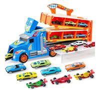 JOYIN Transport Truck Toys Car for 2 3 4 5 Year Old Boys, Foldable Toy Car Track Set, 12 Die-Cast Metal Race Cars with 2 Launchers, with Lights & Sounds, Carrier Truck Gift for Girls Boys Age 3 4 5 6+