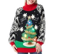 JOYIN Woman Light Up Pullover Ugly Long Jumper Dress with Funny 3D Christmas Tree and Novelty Light Bulbs, Black Long Sleeve Xmas Knitted Pattern Jumper (XL)