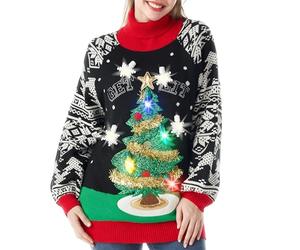 JOYIN Woman Light Up Pullover Ugly Long Jumper Dress with Funny 3D Christmas Tree and Novelty Light Bulbs, Black Long Sleeve Xmas Knitted Pattern Jumper (M)