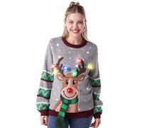 JOYIN Womens LED Light Up Christmas Sweater, Reindeer Ugly Xmas Sweater with Built-in Light Bulbs (Grey, Small)