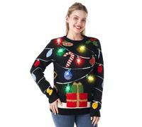JOYIN Womens LED Light Up String Light Ugly Christmas Sweater Built-in Light Bulbs (Large, Black)