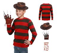 Joyincoser 4 Pieces Freddy Costume Set for Children with Glove Hat Red Striped Jumper Scary Outfits for Halloween Cosplay Carnival (3-4 Years)