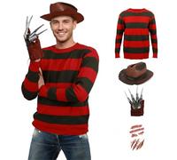 Joyincoser 4PCS Horror Costume Set for Men with Gloves Hat Red Striped Sweater Scary Film Outfits for Halloween Cosplay Carnival (X-Large)