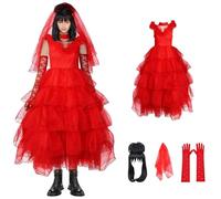 Joyincoser 4PCS Lydia Deetz Costume Women Gothic Bride Dresses Adults Red Plus Size Wedding Dress Bride Veil Wig Gloves for Halloween Birthday Party Cosplay (Large)