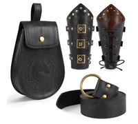 Joyincoser 4PCS Viking Costume Men Set Renaissance Medieval Costume Leather Viking Accessories Belt Bracers Waist Bag Pouch Fancy Dress for Halloween Medieval Ren Faire Party Cosplay (Black)