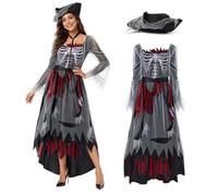 Joyincoser Ghost Pirate Zombie Costume Women's Dress Set with Pirate Hat Horror Scary Skirt Medieval Gothic Viking Clothing Adult for Halloween Carnival Theme Party (S)
