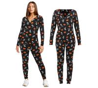 Joyincoser Pumpkin Skeleton Onesie Skull Costume for Adults, Warm Bodysuit Jumpsuit, Couples, Men, Women, Matching Pajamas, Halloween, Carnival (UK, Alpha, L, Regular, Regular, Black)