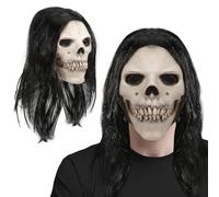 Joyincoser Realistic Skull Mask with Long Hair Scary Skeleton Halloween Costume for Men, Horror Mask Made of Latex for Cosplay and Party
