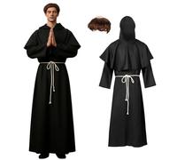 Joyincoser Renaissance Monk Costume For Men Hooded Robe Belt Cross Necklace Bald Cap Halloween Carnival Cosplay Medieval LARP (M)