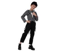 Joyincoser Skeleton Costume Kids Boys Gothic Outfit Striped Tailcoat Horror Movie Character Cosplay Costume for Halloween Party (150)
