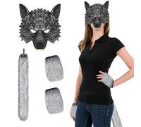 JoyinTcos 3D Werewolf Wolf Mask Half Face Halloween Wolf Costumes Paw Gloves, Tail Headband Set Outfit for Fun Festive Occasions