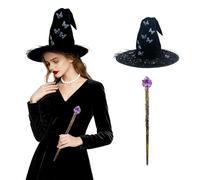 JoyinTcos Butterfly Witch Hat, Cosplay Wand Crystal Witch Wand, A Vine Halloween Pointed Wizard Hat Magic Accessories (Purple)
