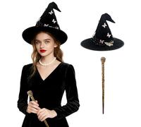 JoyinTcos Butterfly Witch Hat, Cosplay Wand Crystal Witch Wand, A Vine Halloween Pointed Wizard Hat Magic Accessories (Beige)