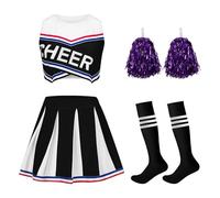 JoyinTcos Cheerleader Outfit Kids, 4 Piece Cheer Leader Costume Kids Set with Top and Skirt, Includes Pom Poms and Socks, Girls Fancy Dress for Carnival, School Sports and Halloween