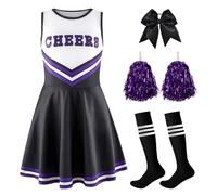 JoyinTcos Cheerleader Outfit Kids, 4PCS Cheer Leader Costume Kids with Pom Poms, Socks and Headband, Girls Fancy Dress for Carnival, Halloween, School Sports and Parties