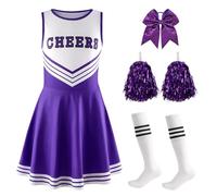 JoyinTcos Cheerleader Outfit Kids, 4PCS Cheer Leader Costume Kids with Pom Poms, Socks and Headband, Girls Fancy Dress for Carnival, Halloween, School Sports and Parties